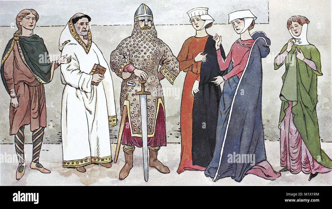 Ropa, moda, Inglaterra la Edad trajes, desde la izquierda, y un monje anglosajón, siglo 10, un guerrero en un 11th-century ironmans untar, dos mujeres en vestidos manga larga