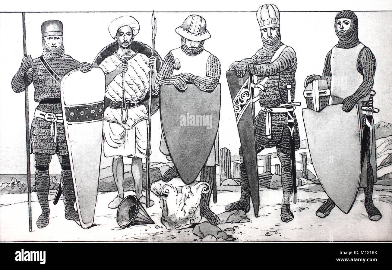 La ropa, la los caballeros en Edad Media, los caballeros armadura diversas, desde la izquierda, caballeros en una cadena de correo en el siglo XII, los sarracenos con dos