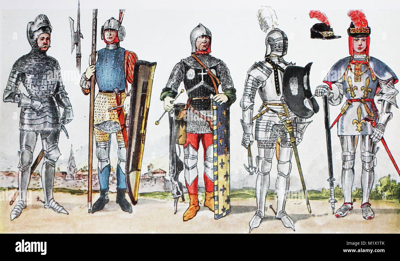 ropa, la moda, los caballeros trajes en Francia en el siglo XV, desde la izquierda, un caballero francés en una armadura de placas alrededor de el francés lacayos alrededor de