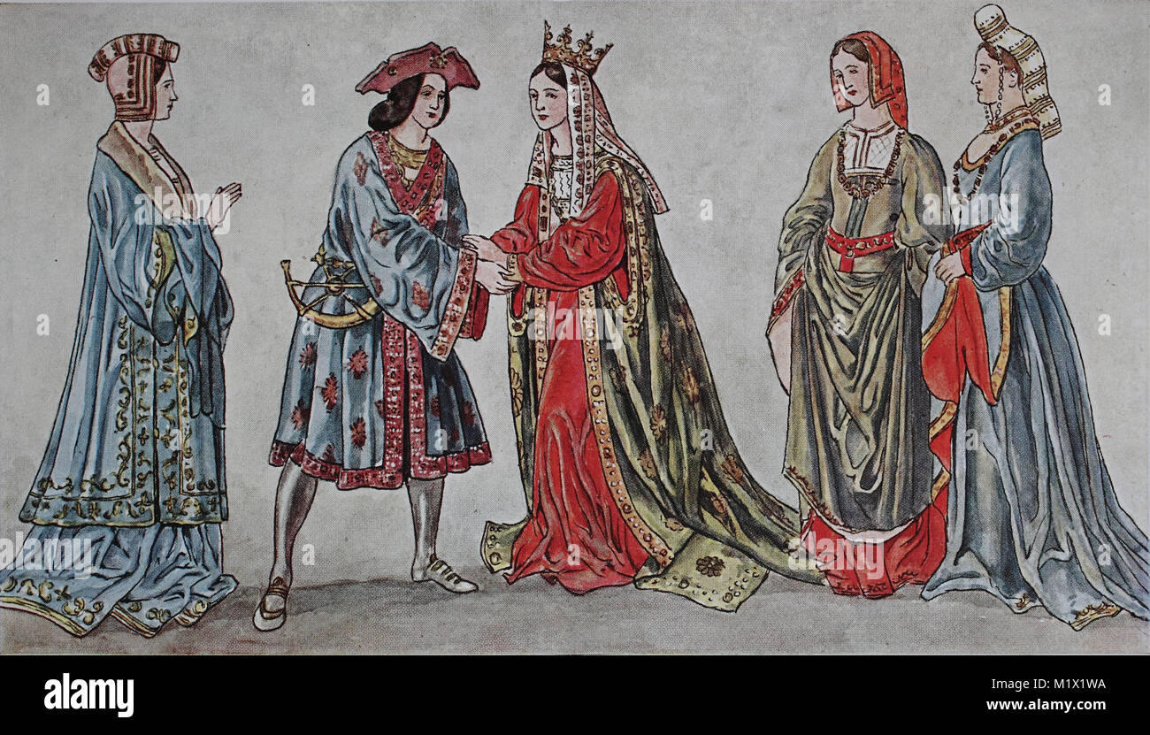 La ropa, la moda en Francia, desde 1485-1510, granja de vestidos, desde la  izquierda, una dama, un caballero en ropa de caza, la reina y dos damas en  espera, mejor reproducción digital