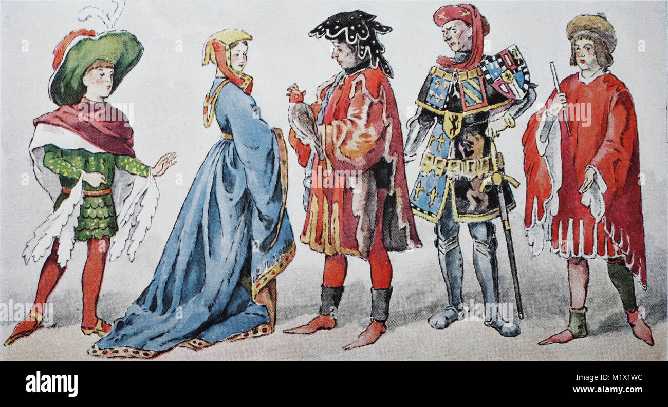 La ropa, la moda en Francia, desde 1425-1490 moda Burgundia, trajes de  corte, desde la izquierda, joven Caballero en longitud media vuelta, Lady  chaqueta en un vestido largo, hawk-cazadores en heavy, open-sided