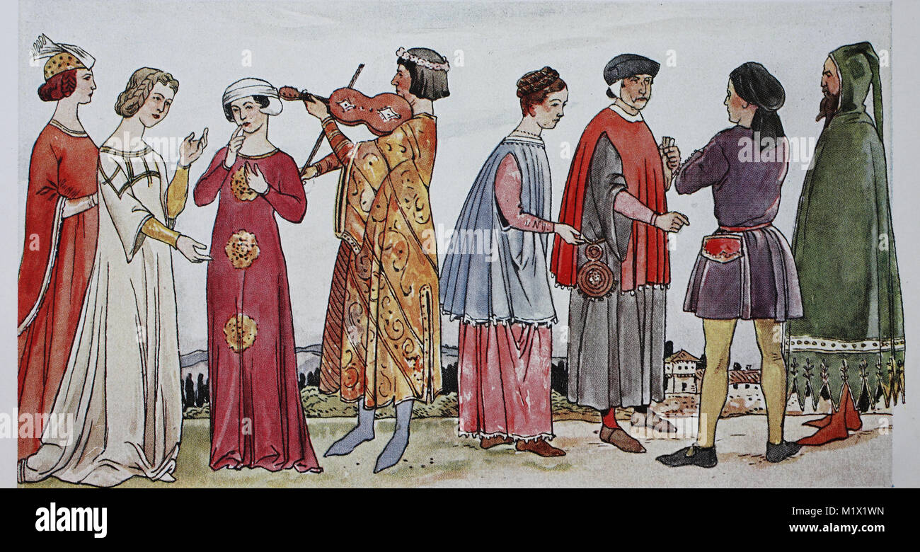 La ropa, la moda de los principios del Renacimiento Italiano, siglo XIV, en  1340 - 1360, de izquierda a derecha, tres damas nobles en un vestido largo,  músico en una falda larga,