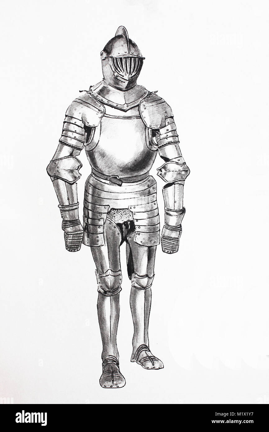 La moda, la ropa, los caballeros de armadura en la Edad Media tardía, alemán armadura hecha de hierro brillante con movable corporal llantas, mejor reproducción digital de impresión original del siglo