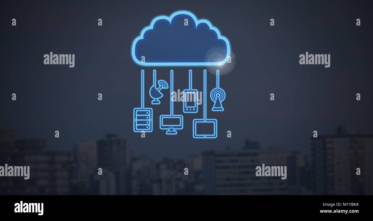 Icono de nube y colgando a dispositivos de conexión con la ciudad de fondo oscuro Foto de stock