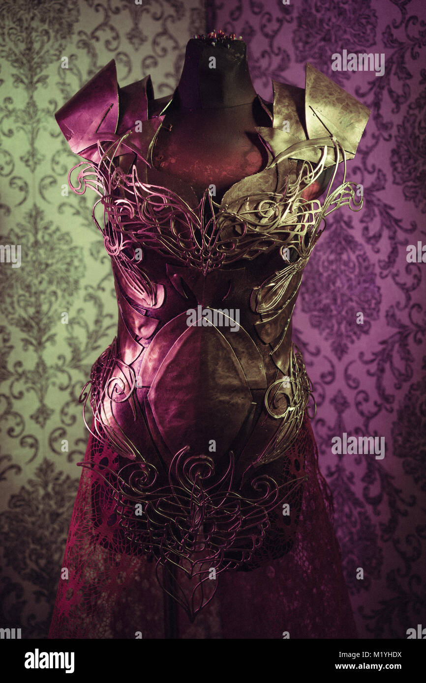 Armadura de una mujer fuerte coraza de metal hechos a mano en oro con  formas góticas y filamentos de acero fino Fotografía de stock - Alamy
