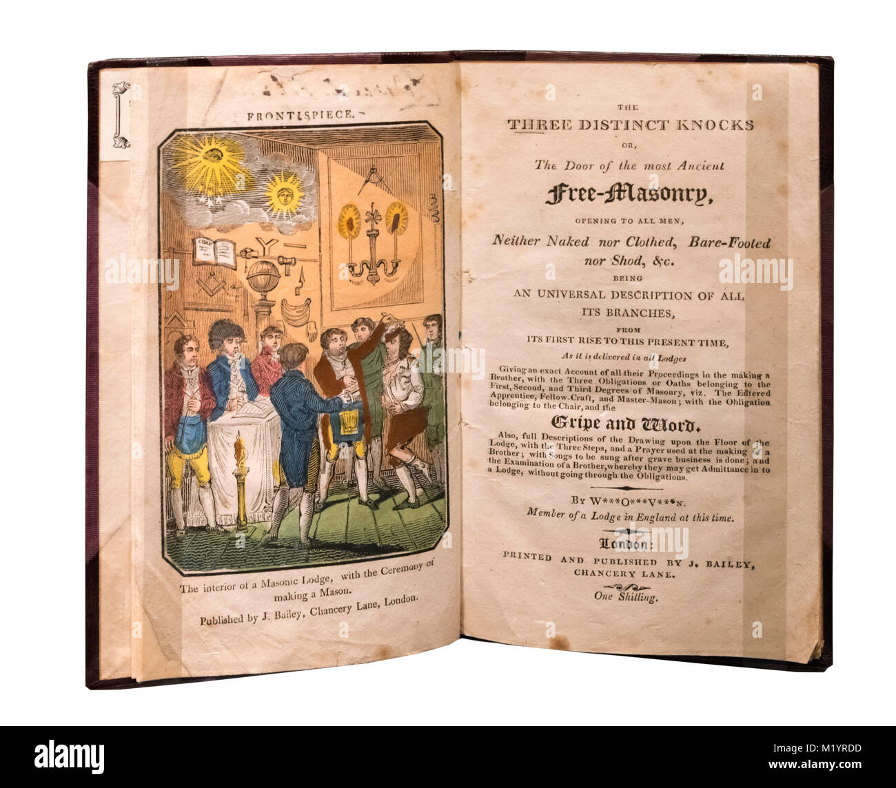 Los tres golpes de comienzos del siglo XIX, un libro sobre los rituales de la Masonería (c.1818). Foto de stock