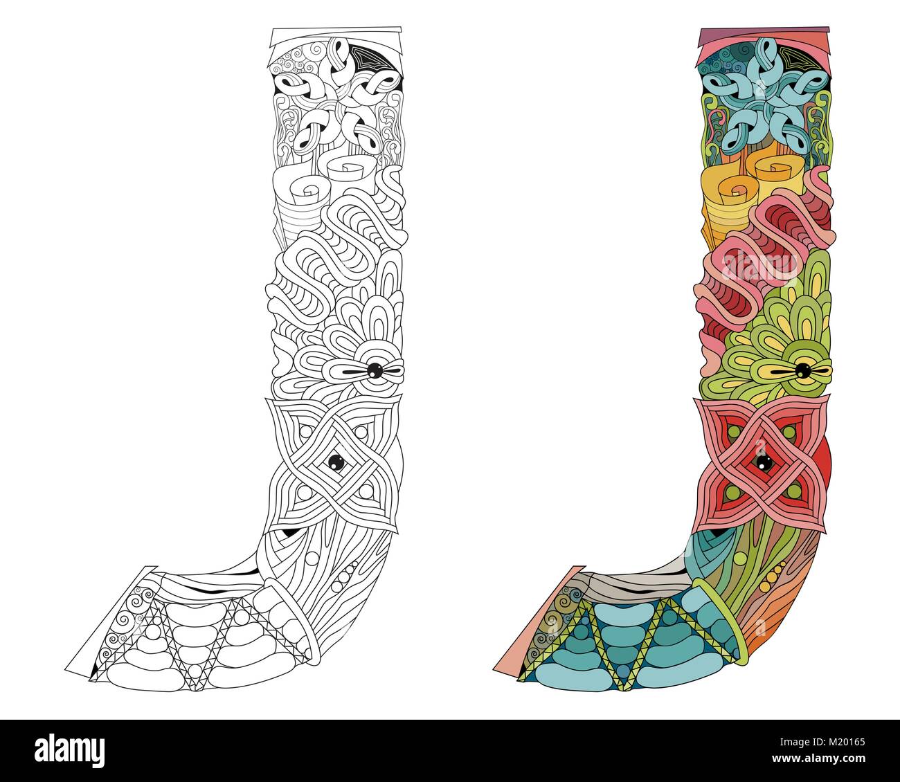 Arte Diseño Pintado A Mano Letra J Zentangle Objetos Color