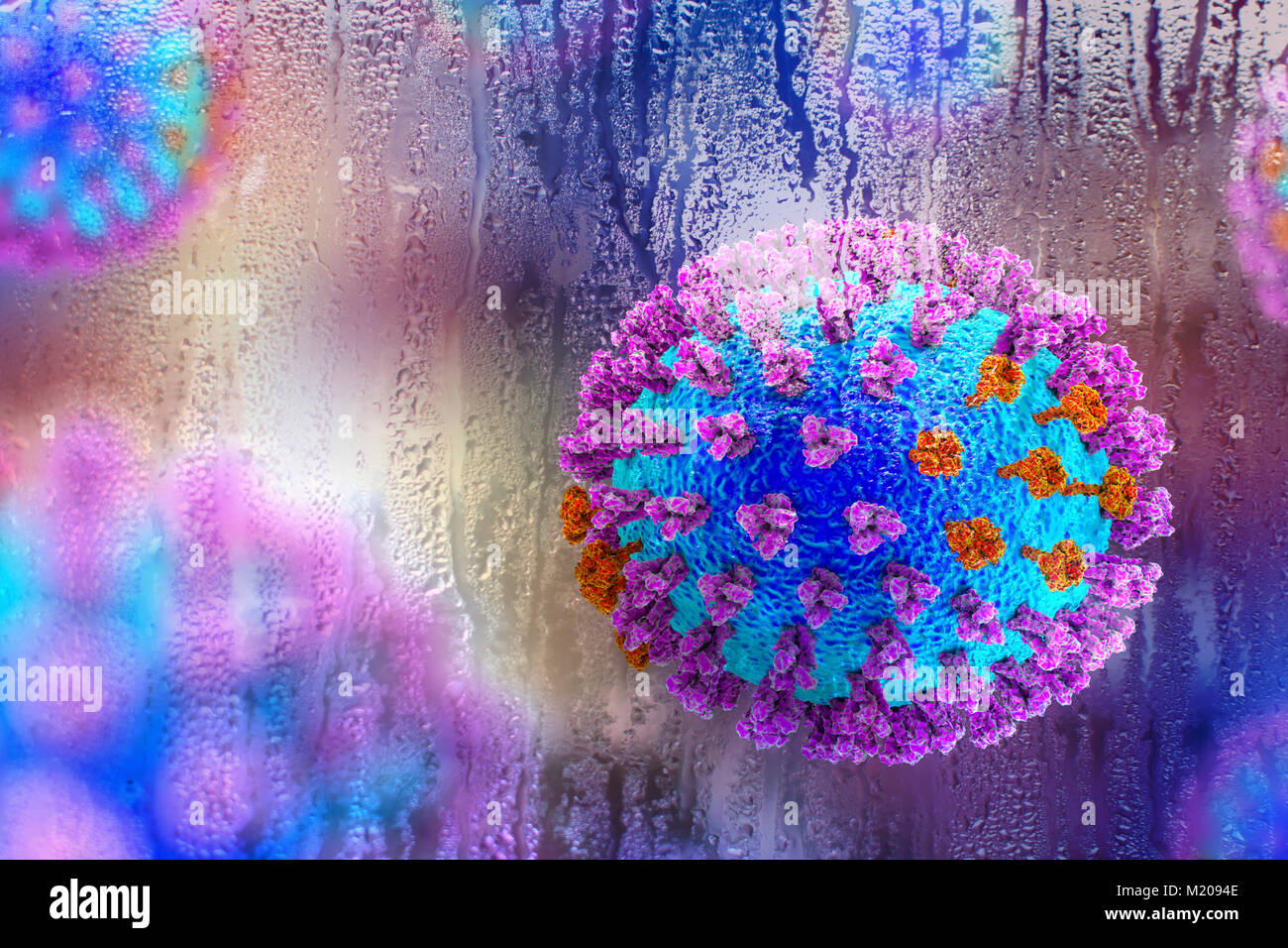 Los virus de la gripe,Ilustración conceptual demostrando carácter estacional de las infecciones respiratorias con el aumento de la incidencia de la gripe en frío lluvioso.Cada virus consta de un núcleo de ARN (ácido ribonucleico) material genético rodeado por una capa de proteína (azul).incrustado en el escudo son proteínas de superficie (picos).Hay dos tipos de proteínas de superficie, hemaglutinina (púrpura) y la neuraminidasa (naranja),y cada uno existe en varios subtipos.ambas proteínas superficiales están asociadas con la patogenicidad del virus.la hemaglutinina se une a las células del huésped, permitiendo que el virus para entrar en ellos y replicarse. Foto de stock