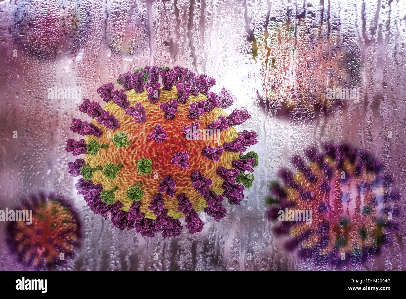 Los virus de la gripe,Ilustración conceptual demostrando carácter estacional de las infecciones respiratorias con el aumento de la incidencia de la gripe en frío lluvioso.Cada virus consta de un núcleo de ARN (ácido ribonucleico) material genético rodeado por una capa de proteína (naranja).incrustado en el escudo son proteínas de superficie (picos).Hay dos tipos de proteínas de superficie, hemaglutinina (púrpura) y la neuraminidasa (verde),y cada uno existe en varios subtipos.ambas proteínas superficiales están asociadas con la patogenicidad del virus.la hemaglutinina se une a las células del huésped, permitiendo que el virus entre ellos Foto de stock