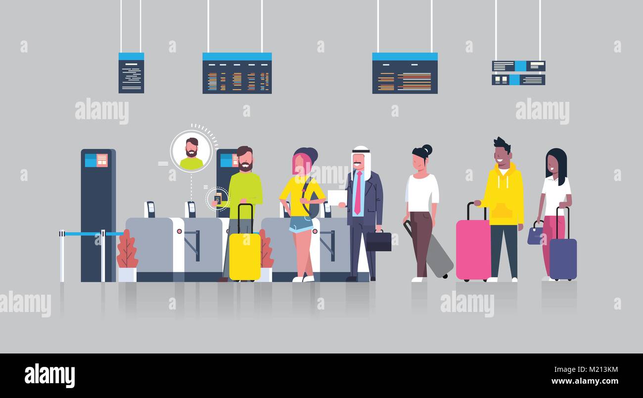 La gente de pie en la cola con las maletas para comprobar en el aeropuerto  pasando por el escáner de seguridad para el registro Imagen Vector de stock  - Alamy