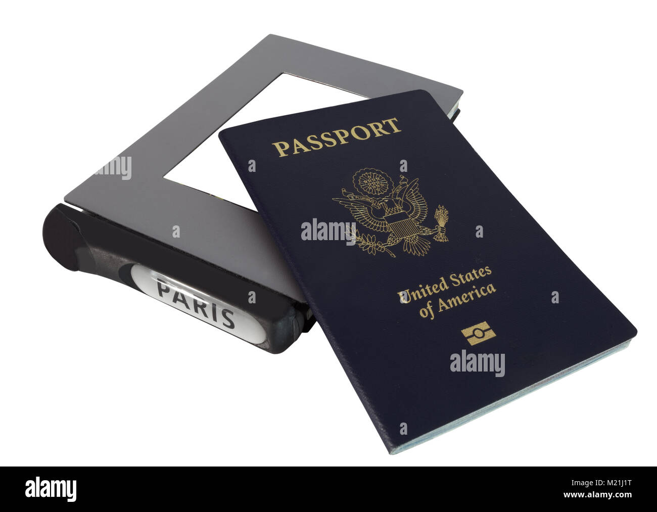 Pasaporte de los Estados Unidos aislado con libros de viajes a París, Milán y Florencia. Foto de stock