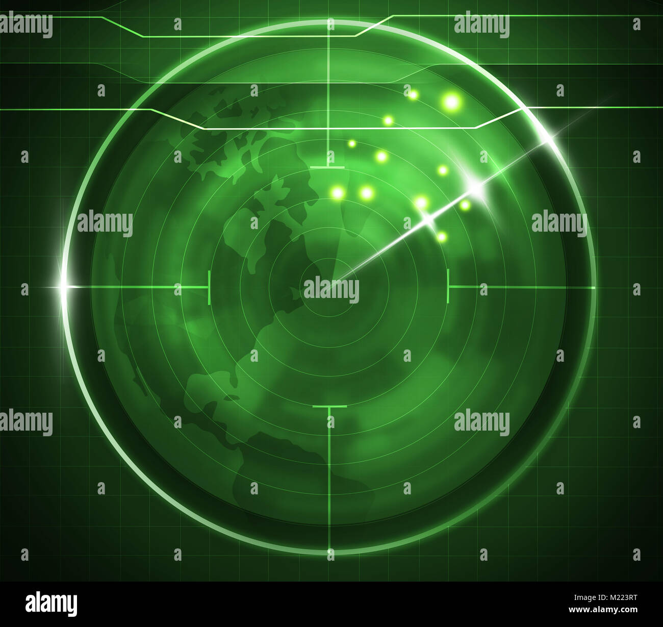 Ilustración de pantalla de vigilancia radar verde Foto de stock