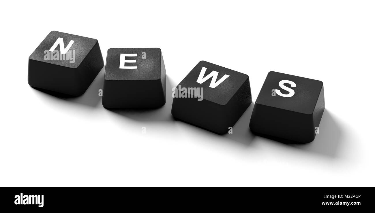 Noticias en línea concepto. Noticia escrita sobre las teclas del teclado sobre fondo blanco, banner, vista desde arriba. Ilustración 3d Foto de stock
