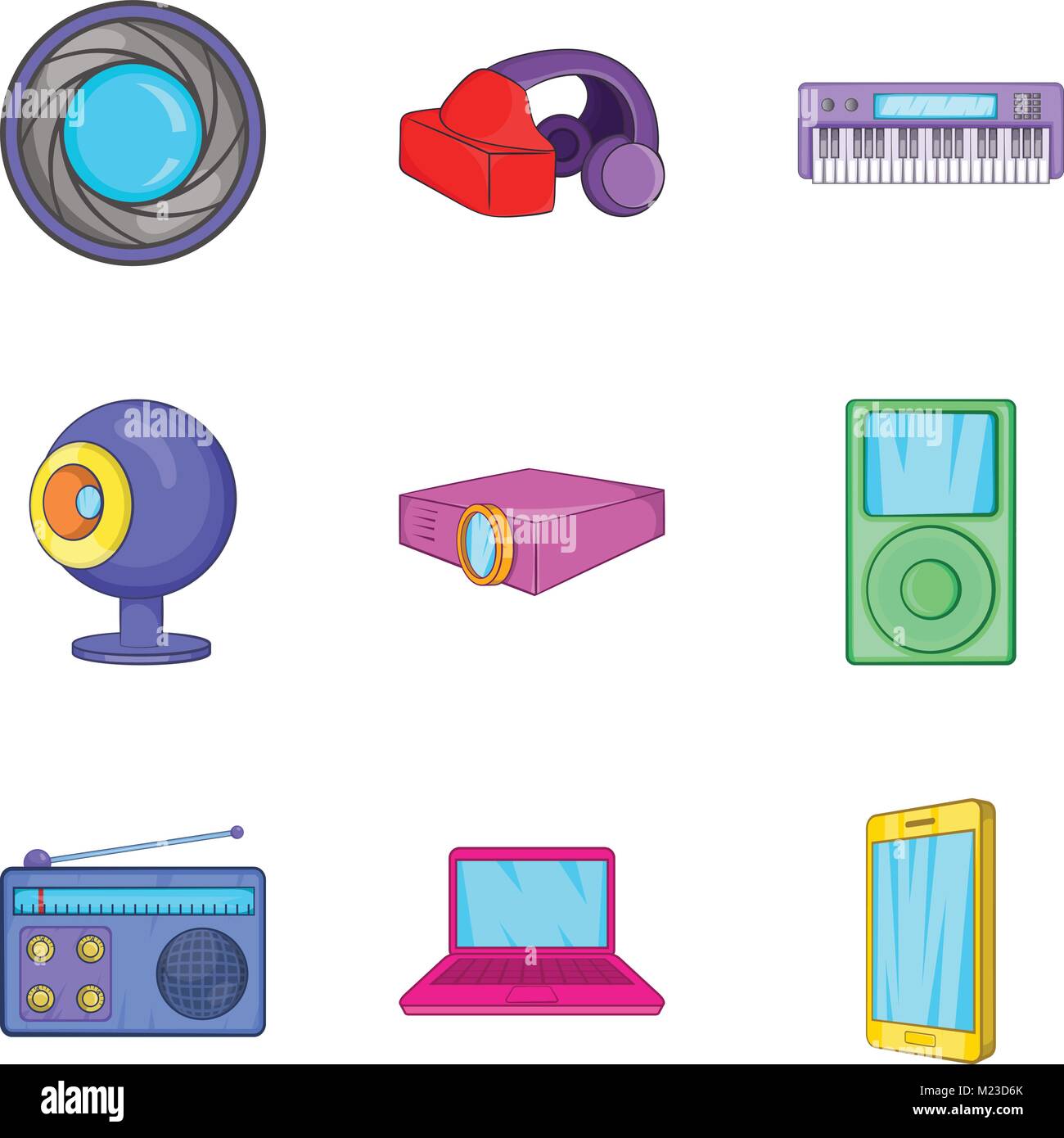 Tecnología de medios establecidos, los iconos de estilo de dibujos animados Imagen Vector de stock - Alamy Tecnología de medios establecidos, los iconos de estilo de dibujos animados Imagen Vector de stock - Alamy