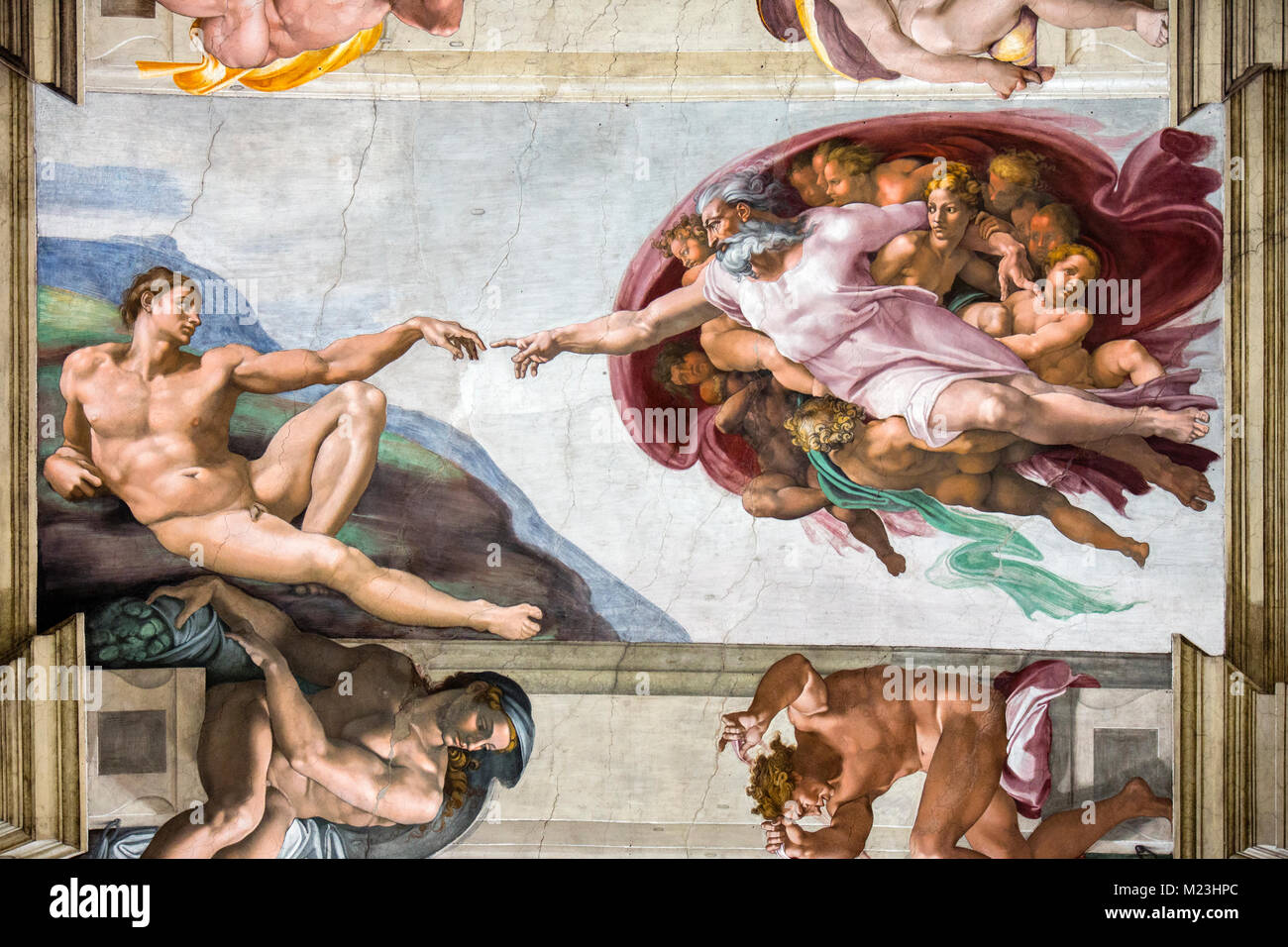 Creación de Adán de Miguel Ángel en la Capilla Sixtina, el museo del Vaticano, Roma, Italia Foto de stock