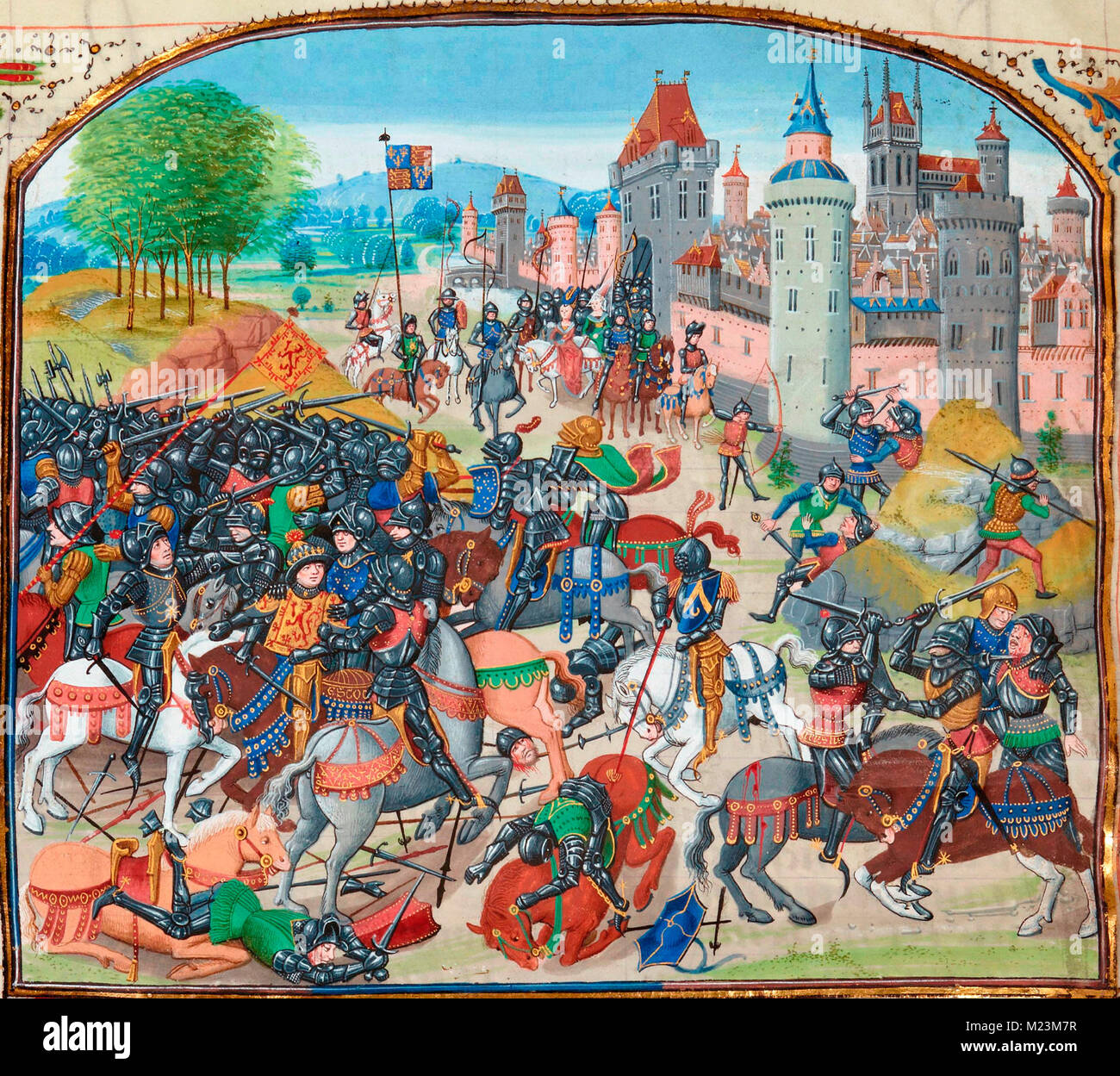 Inglés lucha los escoceses dirigidos por su rey, David Bruce (1341) Foto de stock