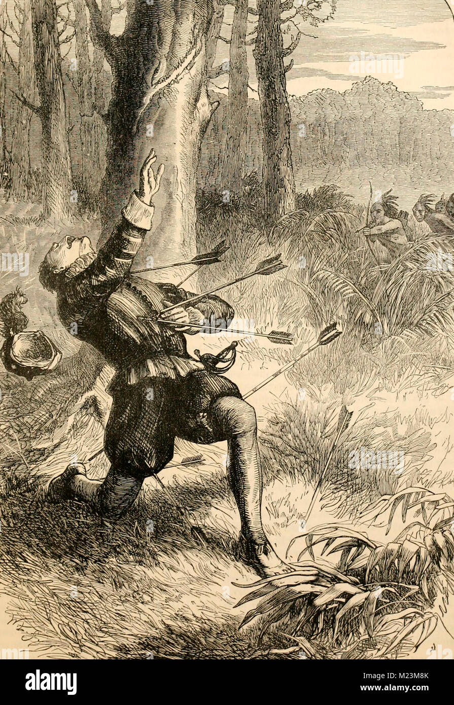 Asesinato de White's assistant circa 1580 s. Un colono europeo shot con flechas por los nativos americanos Foto de stock