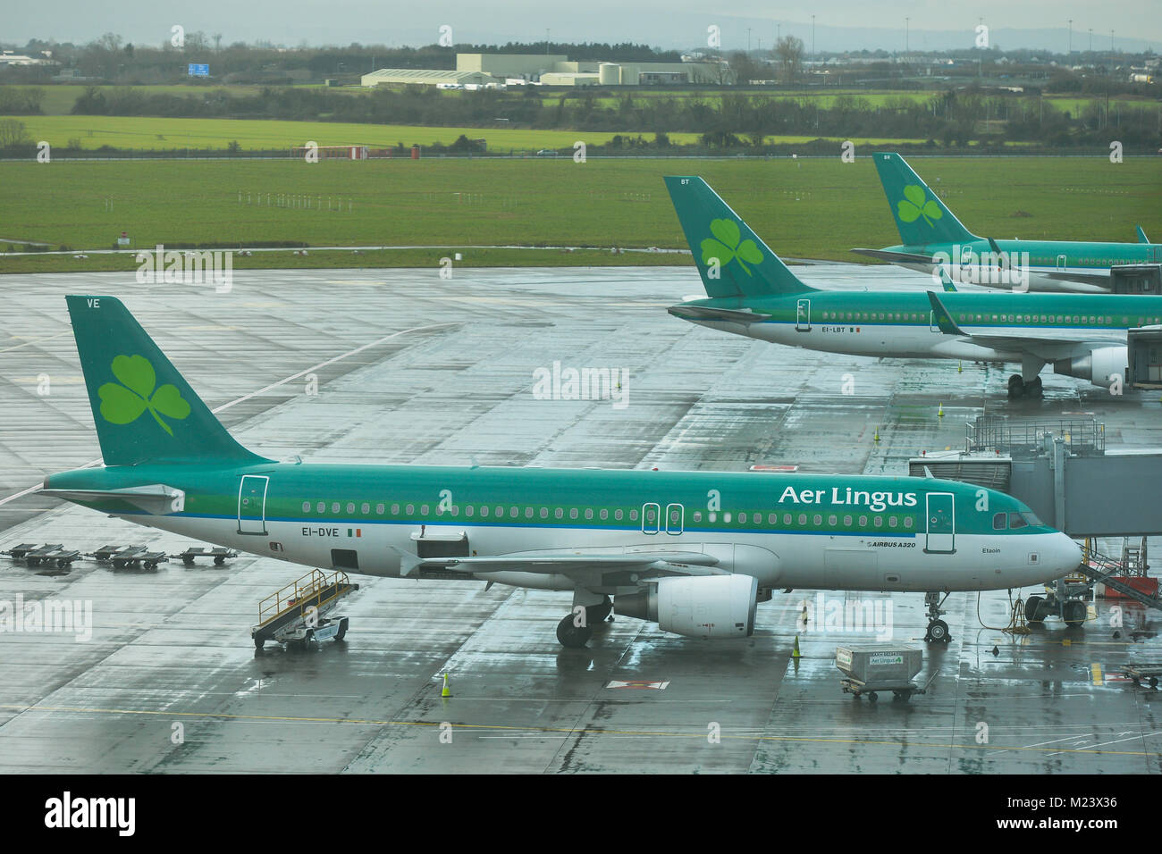 Una vista general de Aer Lingues aviones en el aeropuerto de Dublín. Nueva directiva de la UE, la directiva del Nombre del Pasajero (PNR), será pronto i9mplemented en Irlanda, en relación a la base de datos de vuelos entre todos los países de la UE como parte de las medidas de seguridad. Crédito: ASWphoto/Alamy Live News Foto de stock