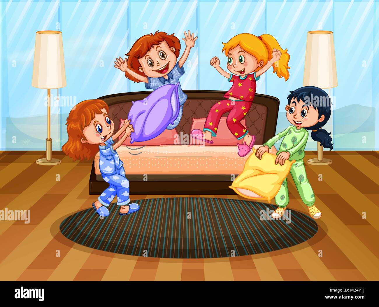 Cuatro niñas en pijama jugando con almohadas ilustración Ilustración del Vector