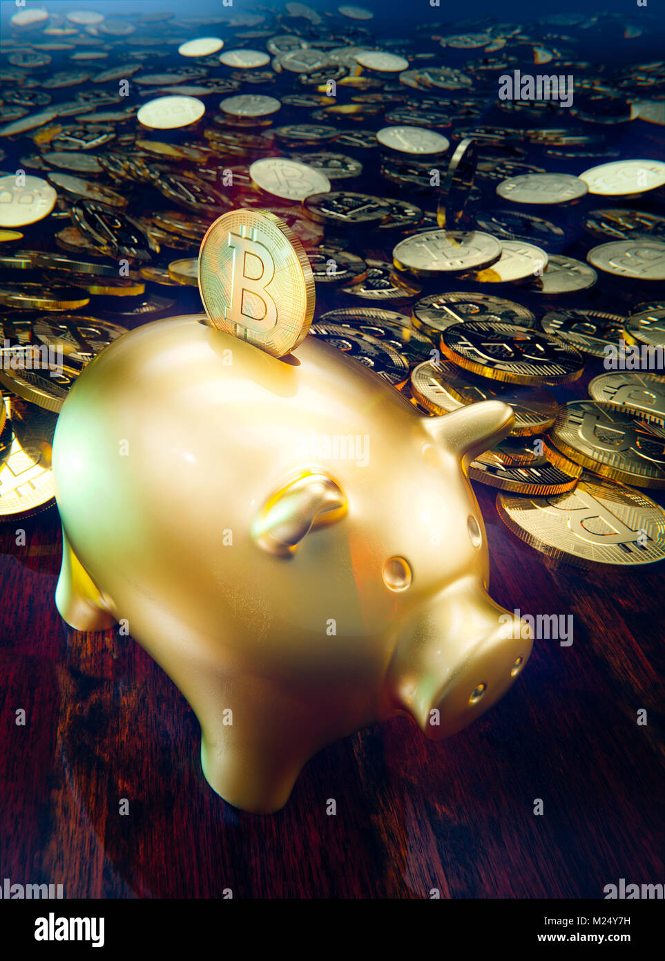 Hucha, hucha para caer una moneda de oro, bitcoin ilustración 3D Foto de stock