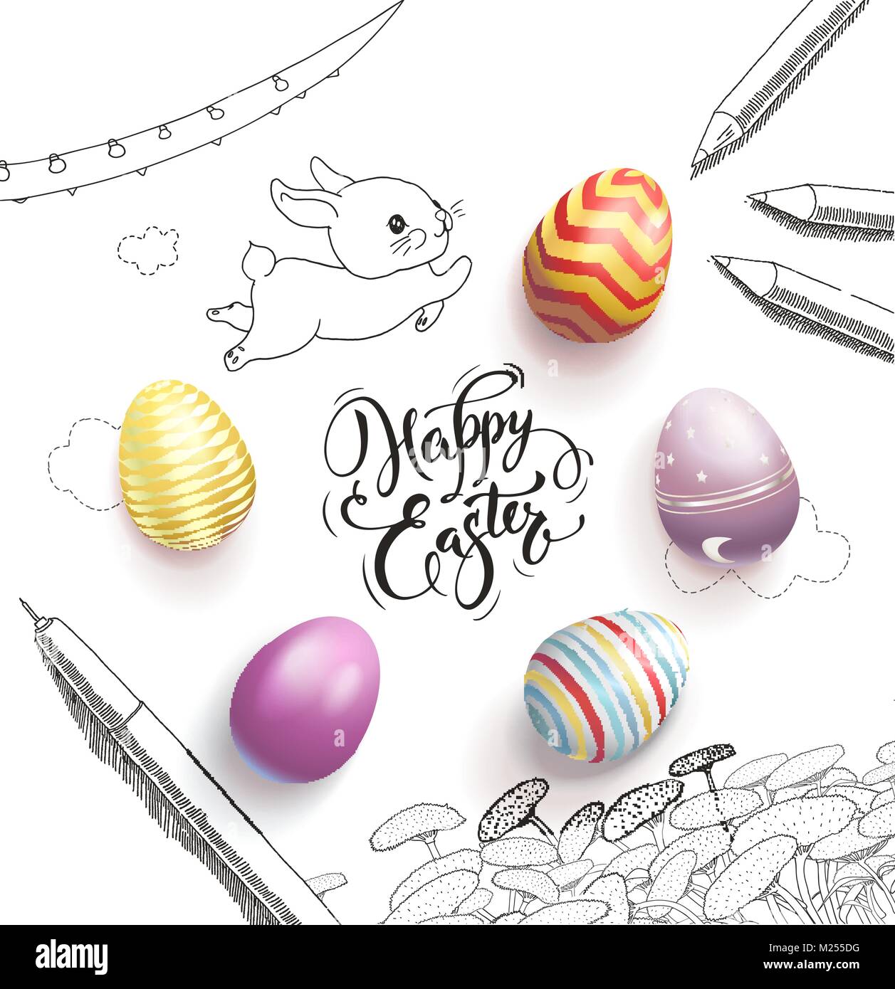 Felices Pascuas rotulación manuscrita con fuente caligráfica, rodeado de coloridos huevos, lindo bebé conejito, el diente de león, nubes, pluma, lápices, garland dibujadas a mano con líneas de contorno. Ilustración vectorial. Ilustración del Vector