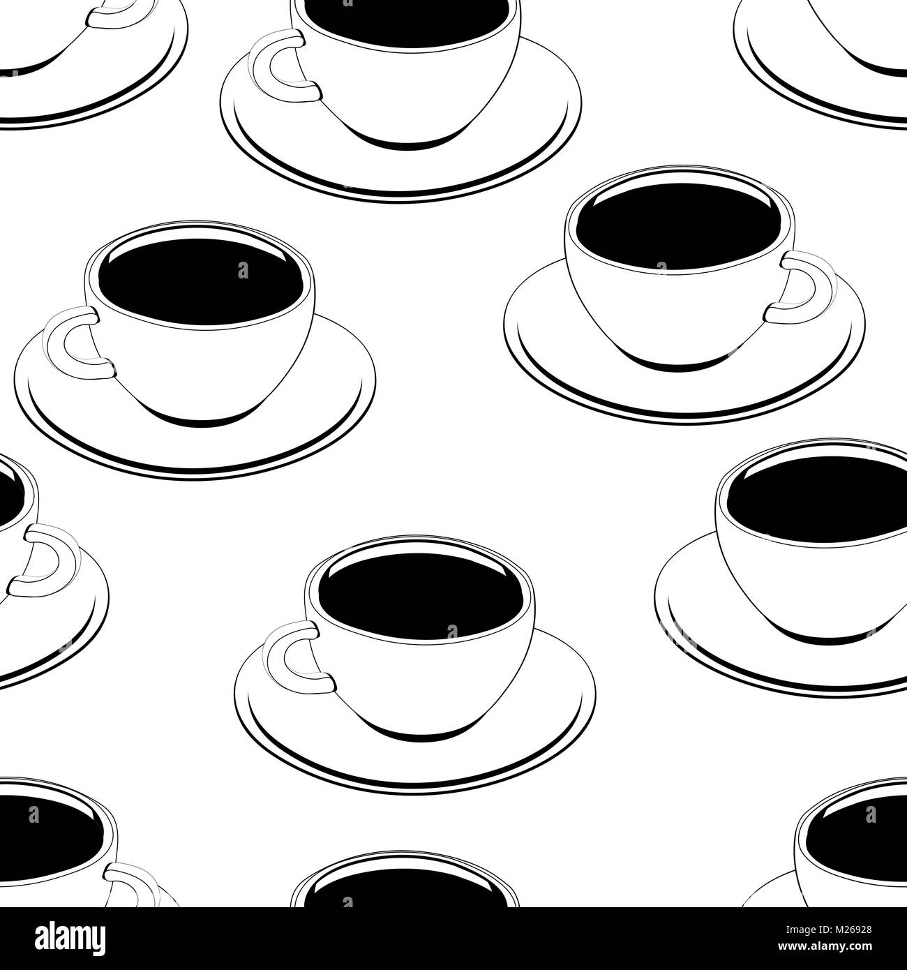 La taza de café perfecta esquema patrón, vector, la coloración de fondo,  Boceto, dibujo de contorno. Dibujado tazas de café negro sobre un fondo  blanco. Para el diseño de papel tapiz, telas,