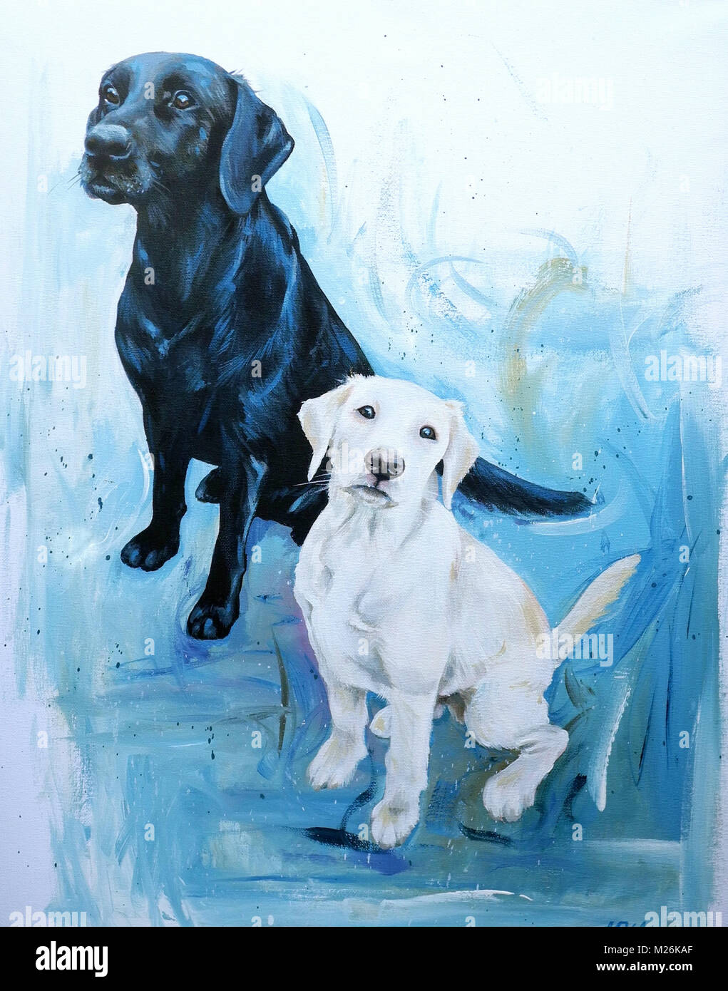Pintura de un labrador negro y un perrito blanco Fotografía de stock - Alamy