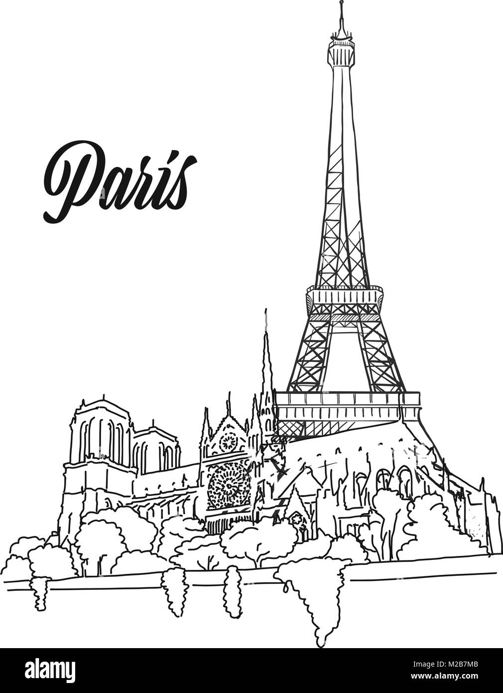 Hito de París, signo de Banner contorno dibujado a mano ilustración para imprimir el diseño y comercialización de viajes Ilustración del Vector