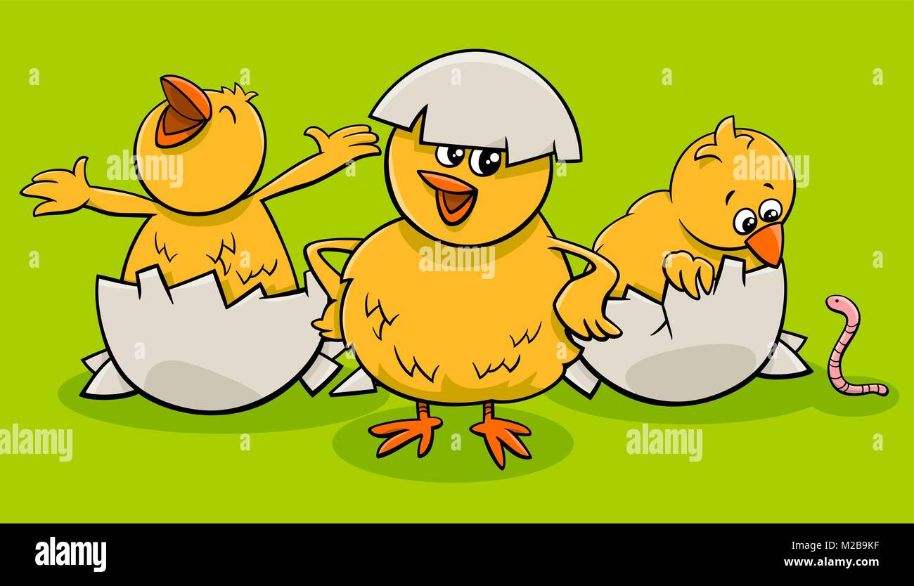 Ilustración de dibujos animados de pollitos poco personajes salen del  cascarón Imagen Vector de stock - Alamy