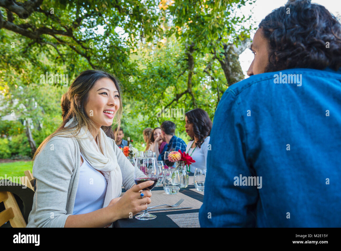 Amigos disfrutando del vino en parte al aire libre Foto de stock