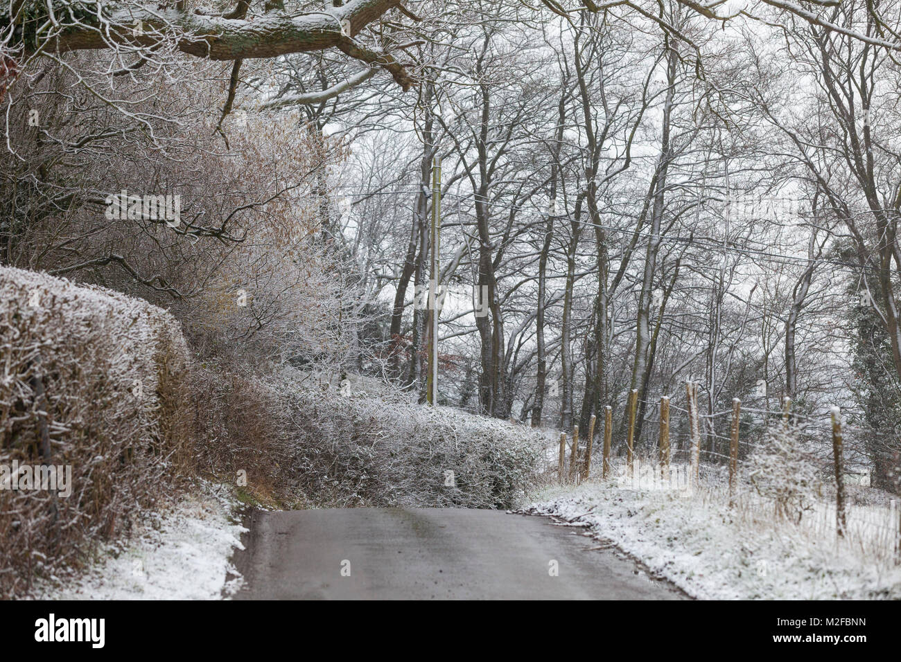 Carretera rural cubierto de nieve, Kent downs, UK Foto de stock