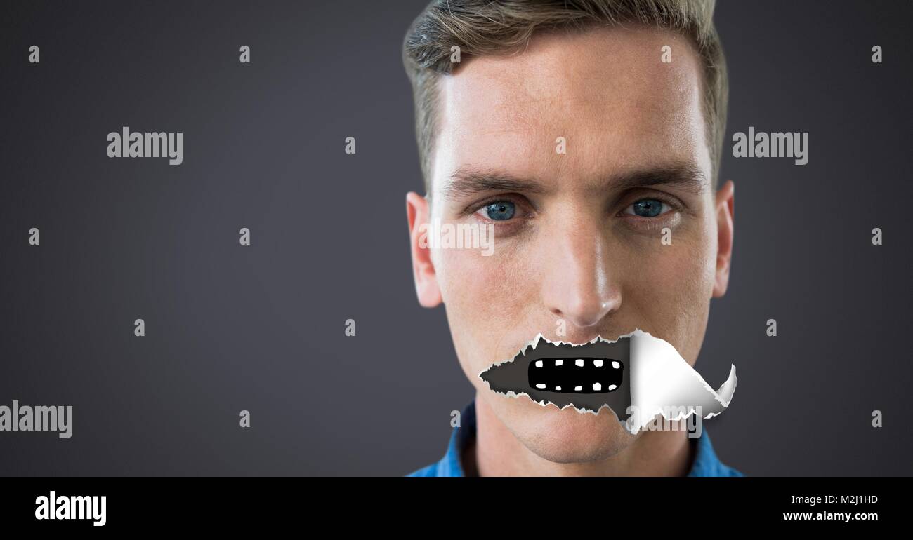 Hombre con trozos de papel en la boca y la boca dibujo Fotografía de stock  - Alamy