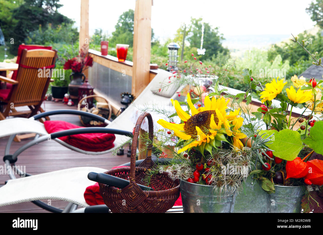 Girasoles y escaramujos en un arreglo floral Foto de stock