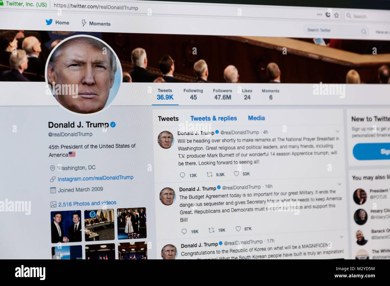 Presidente Donald Trump la página de Twitter. Foto de stock