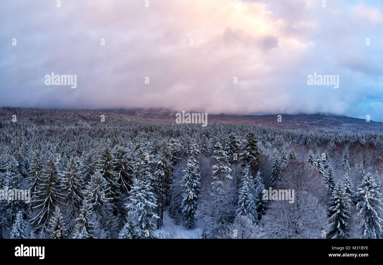 Bajo nubes colgantes en luz del atardecer sobre el paisaje de invierno cerca de Neuschönau en el Parque Nacional del Bosque Bávaro en Baviera, Alemania. Foto de stock