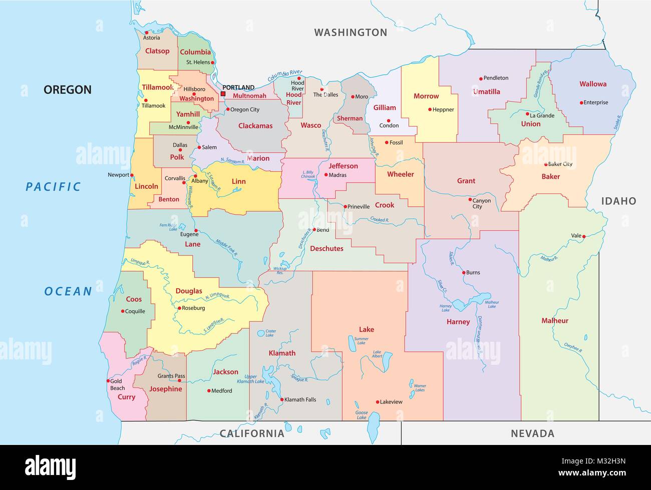 Política y administrativa de oregon mapa vectorial Imagen Vector de
