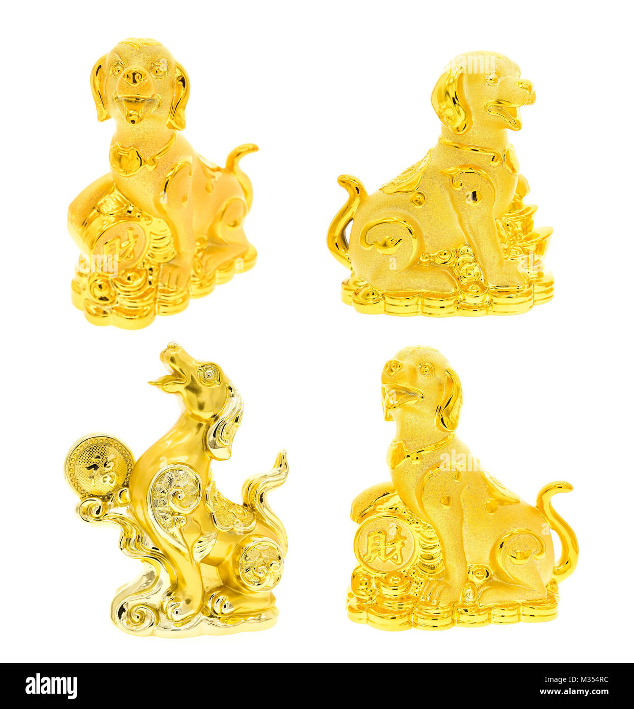 Estatua de perro golden collection en blanco,la caligrafía:buena suerte para el año nuevo Foto de stock