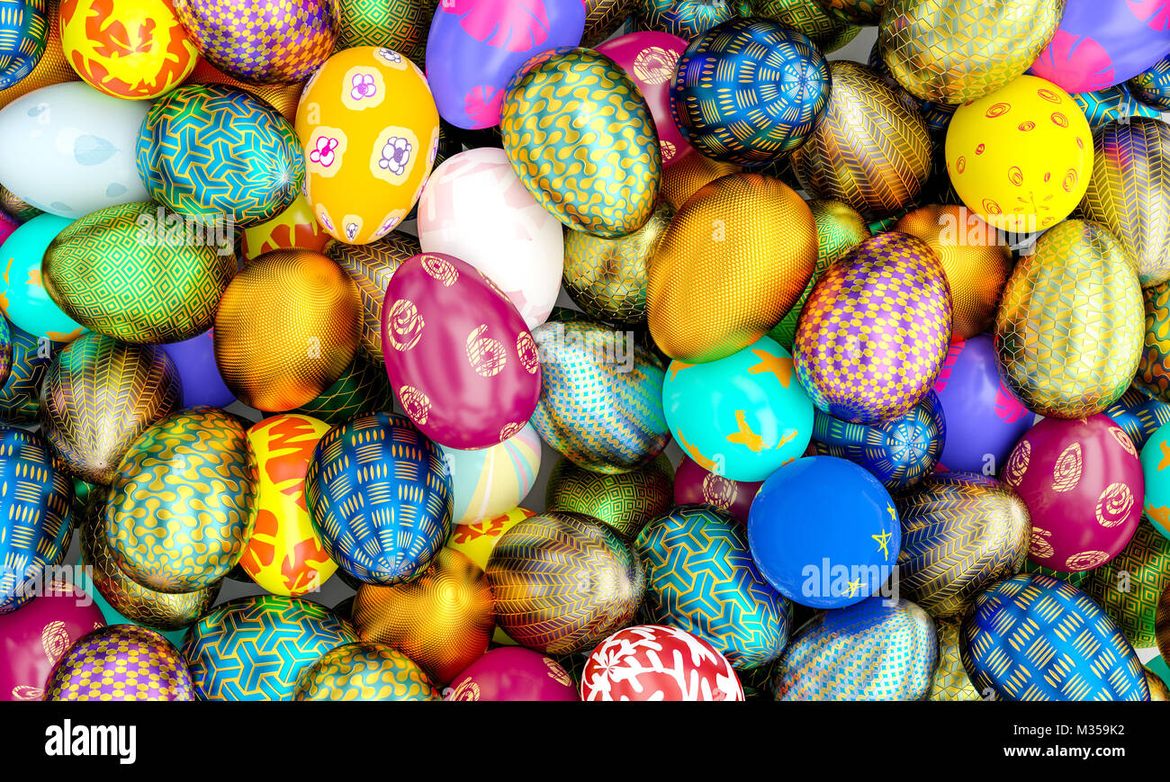 Golden y artística pintada huevos de pascua 3d imagen de fondo Foto de stock