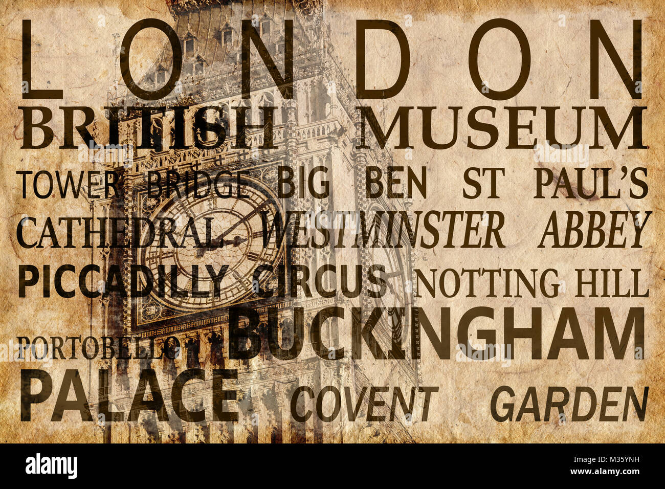Texto con lugares emblemáticos de Londres el Big Ben de fondo sepia vintage Foto de stock
