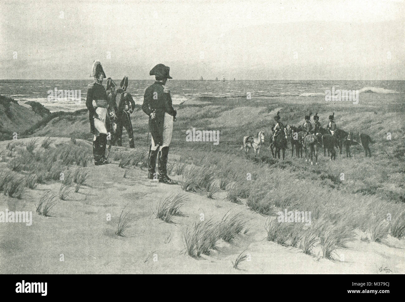 Napoleón con oficiales sobre la costa, viendo el canal de la Mancha, 1805 Foto de stock