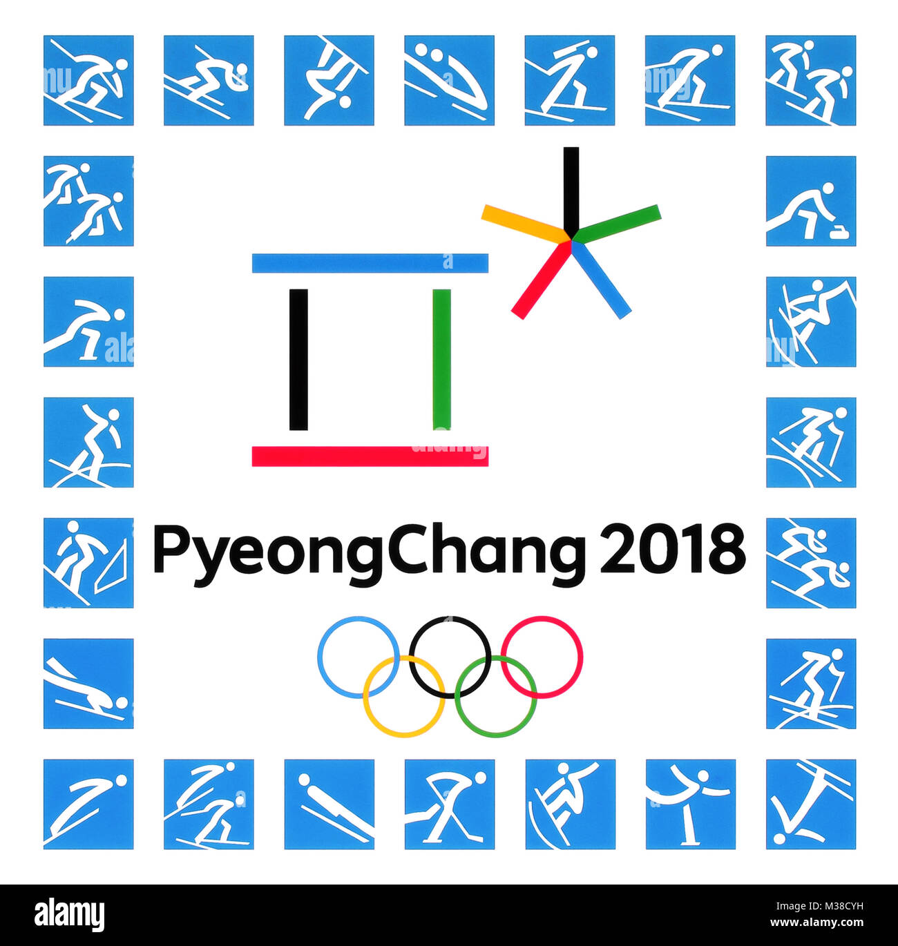 Kiev, Ucrania - 22 de septiembre de 2017: logotipos oficiales de los Juegos Olímpicos de Invierno de 2018 con clases de deporte en PyeongChang, República de Corea, desde Februa Foto de stock