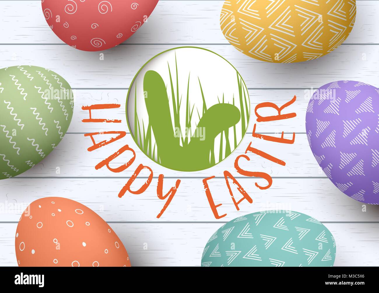 Huevos de pascua ornamentada festiva sobre fondo de madera blanca. Felices Pascuas. badge con conejos orejas silueta. Ilustración del Vector
