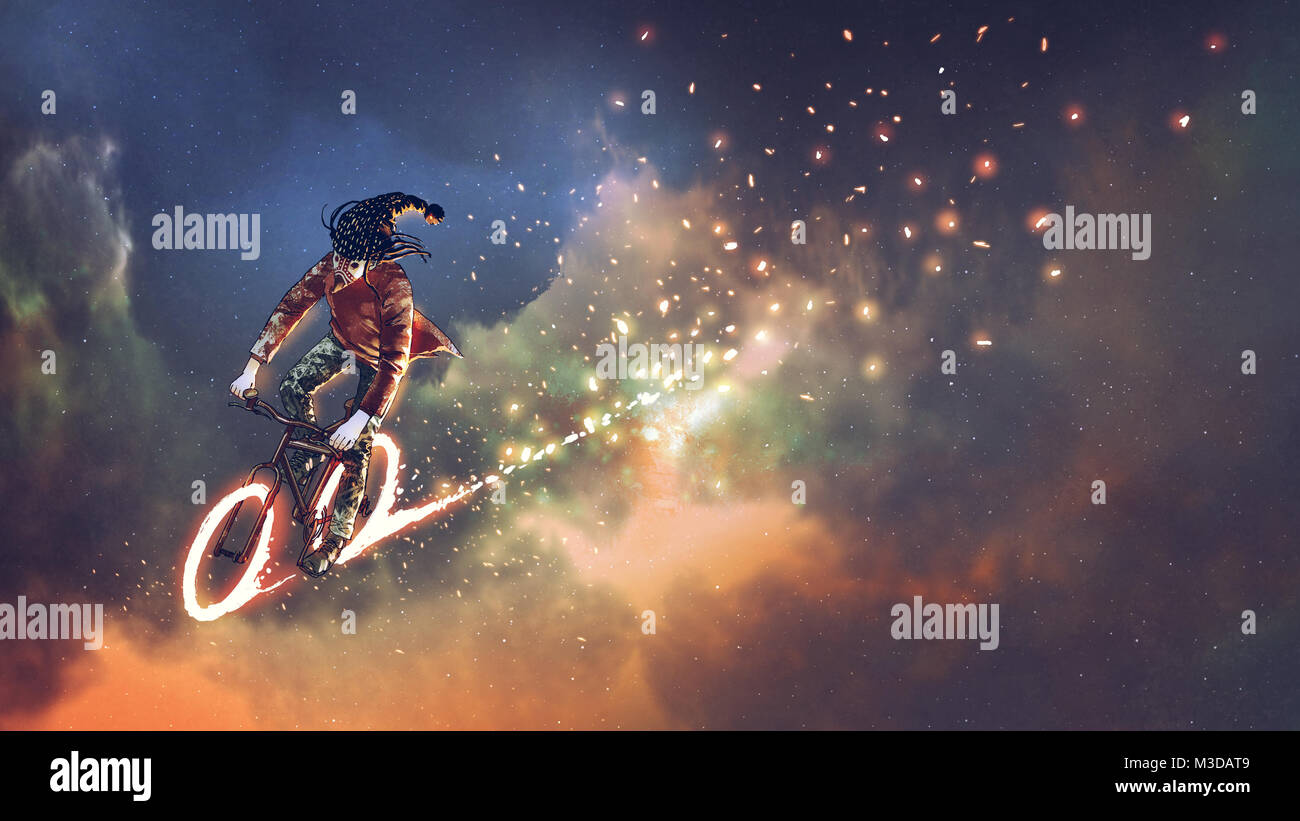 Hombre con ropa extravagante montando bicicleta con ruedas brillando en el espacio ultraterrestre, estilo de arte digital, ilustración pintura Foto de stock