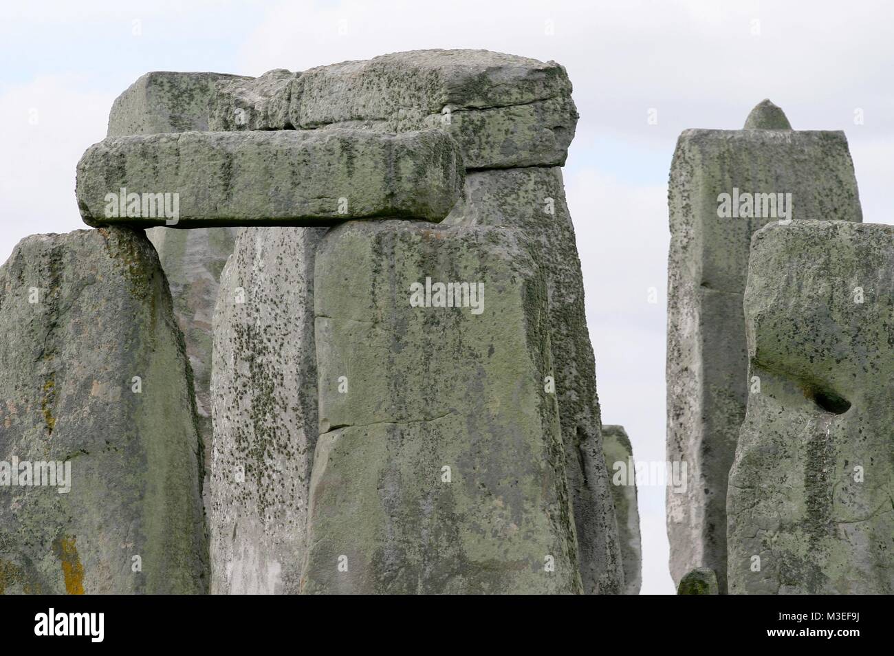 STONEHENGE Stonehenge ist ein in der Jungsteinzeit begründetes und mindestens bis in die Bronzezeit benutztes Bauwerk in der Nähe von Amesbury, en Wiltshire, Inglaterra, etwa 13 kilómetro nordwestlich von Salisbury. Es besteht aus einer Grabenanlage, die eine Megalithstruktur umgibt, welche wiederum aus mehreren konzentrischen Steinkreisen gebildet wird. Foto de stock