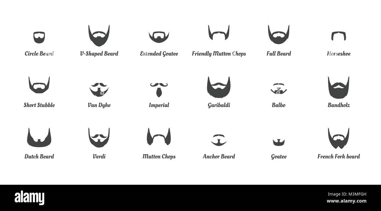 Estilo de dibujos animados de vectores de moda hombre diferente barbas y bigotes siluetas. Los tipos de cabello facial guía sobre fondo blanco Imagen Vector de stock - Alamy Estilo de dibujos animados de vectores de moda hombre diferente barbas y bigotes siluetas. Los tipos de cabello facial guía sobre fondo blanco Imagen Vector de stock - Alamy