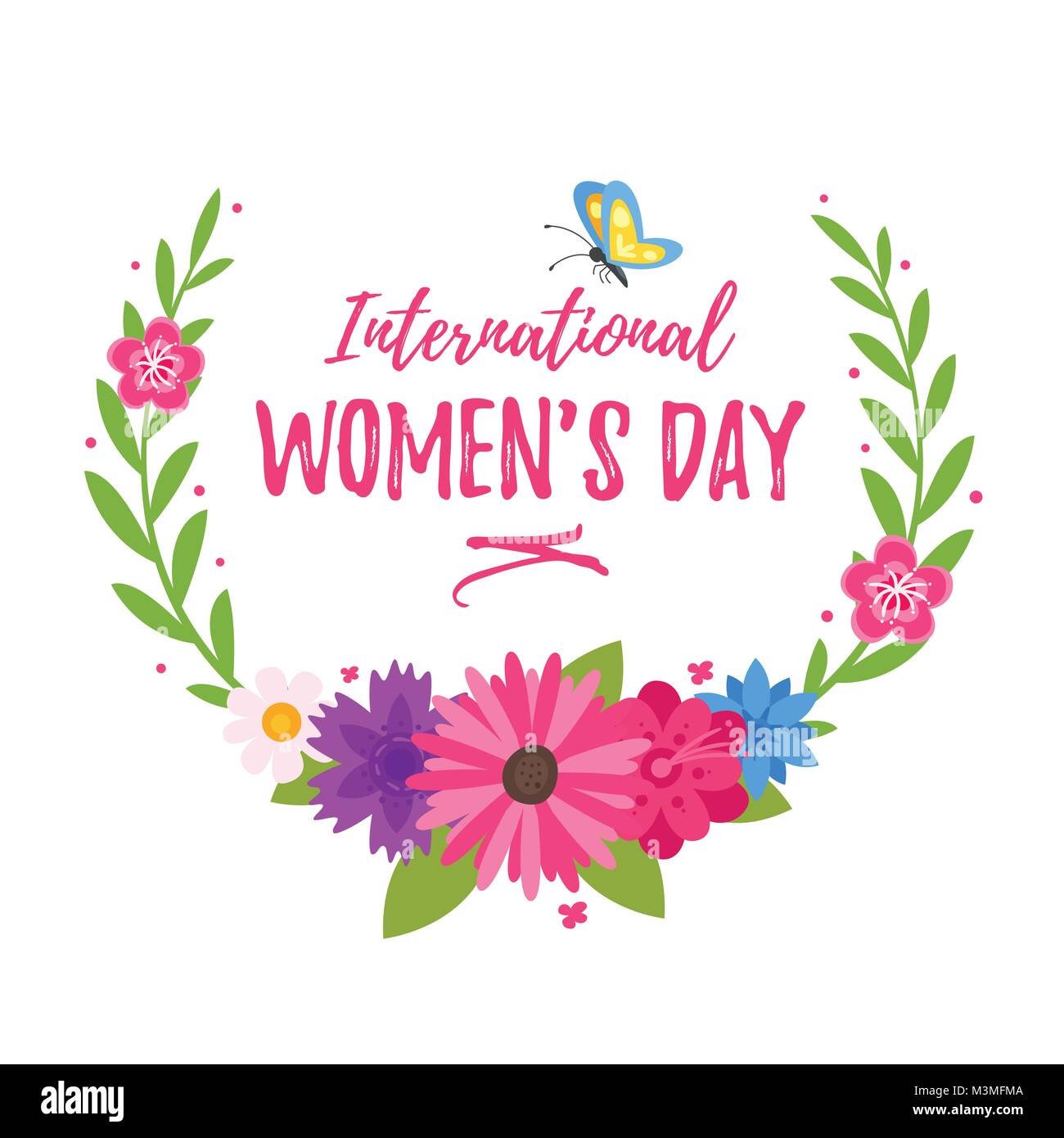 Estilo de dibujos animados de vectores 8 de marzo el Día Internacional de  la mujer tarjeta de felicitación con guirnalda de flores y mariposas sobre  fondo blanco Imagen Vector de stock - Alamy