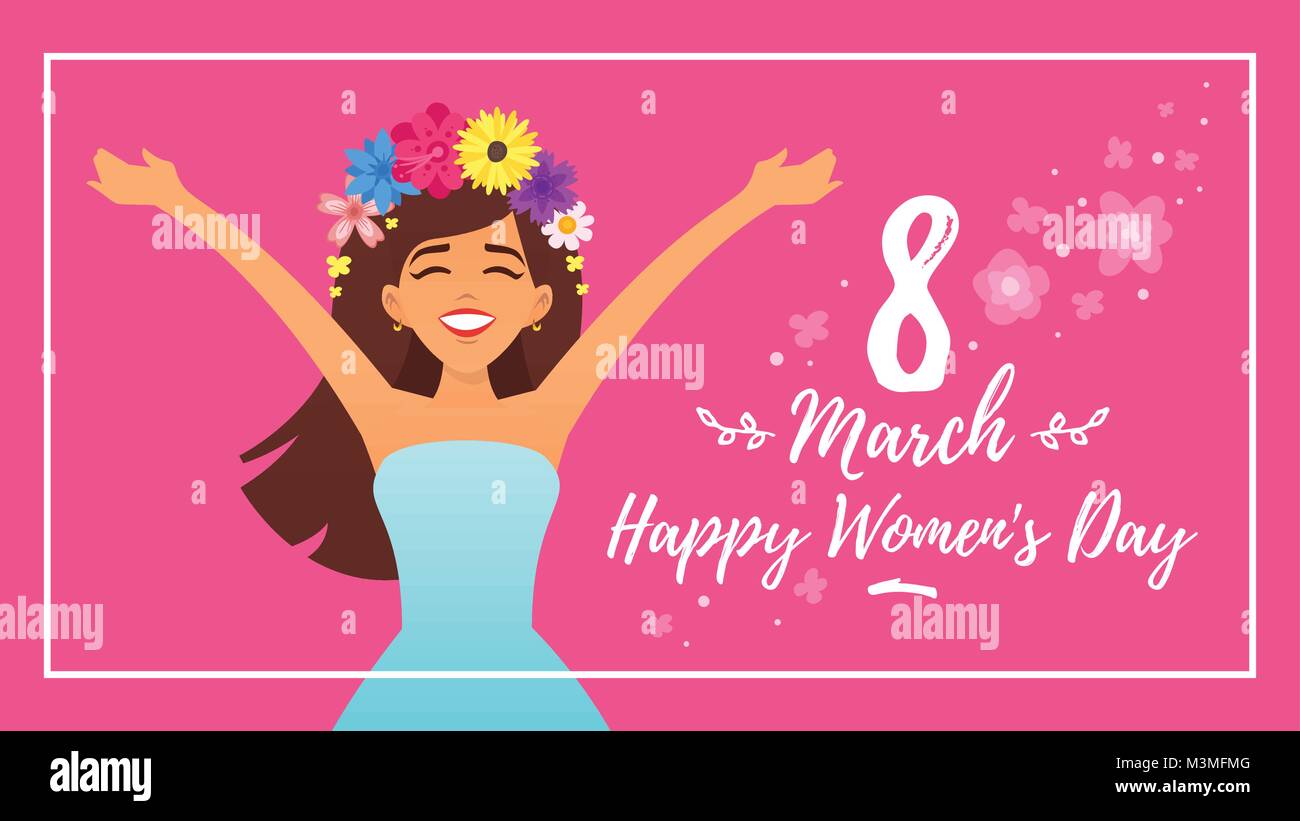 Estilo de dibujos animados de vectores 8 de marzo el Día Internacional de  la mujer tarjeta de felicitación con mujer feliz personaje con corona de  flores sobre fondo de color rosa Imagen