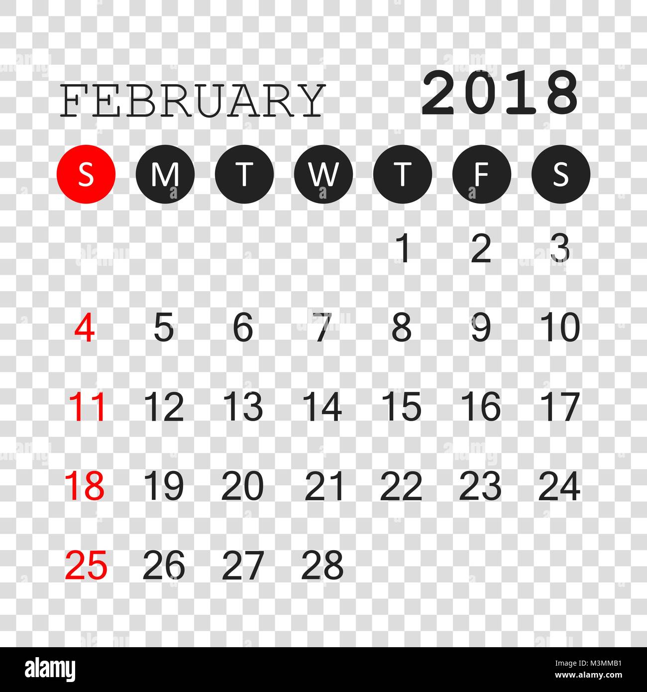 Febrero 2018 Calendario. Planificador de calendario plantilla de diseño. La  semana comienza en domingo. Business ilustración vectorial Imagen Vector de  stock - Alamy