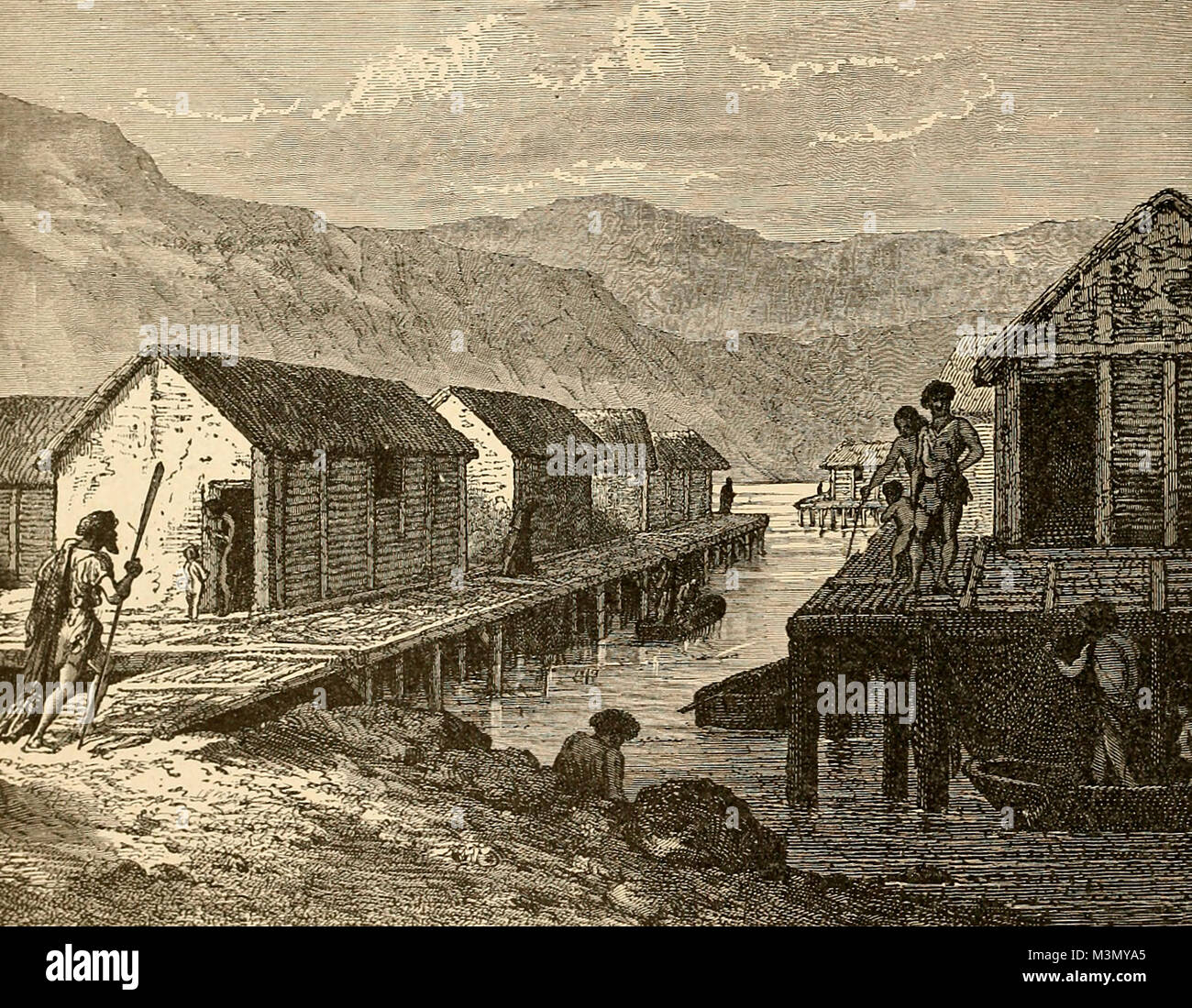Aldea suiza del lago en la Edad de Bronce Foto de stock