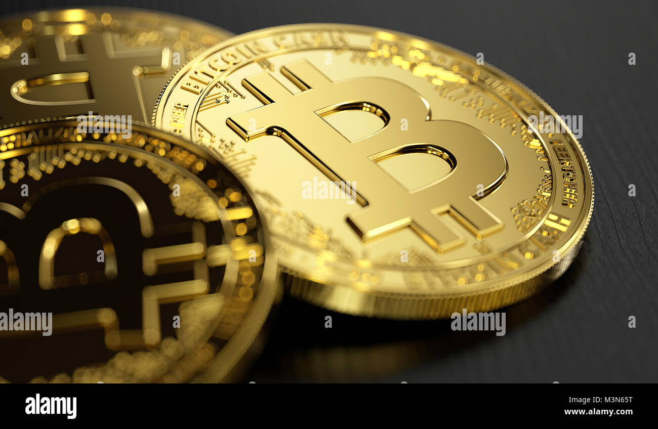 Bitcoin brillante dorado metálico (BCH/BCC) concepto coin pila en primer plano borroso. 3D rendering Foto de stock
